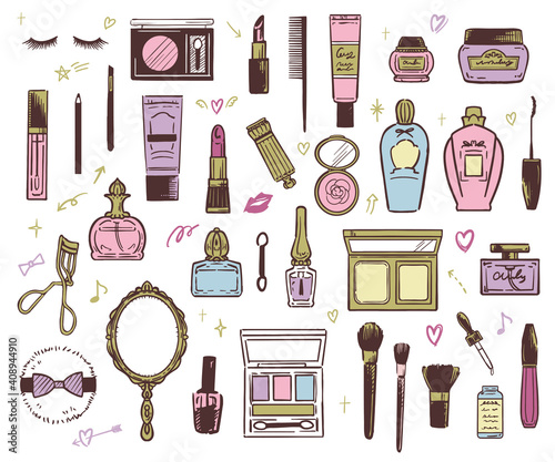 おしゃれかわいいコスメ　化粧道具 手描きイラスト