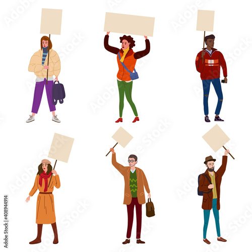 Collection of Protesters crowd man and woman holding empty banners. Activists protesting, political meeting, strike human rights. Vecto