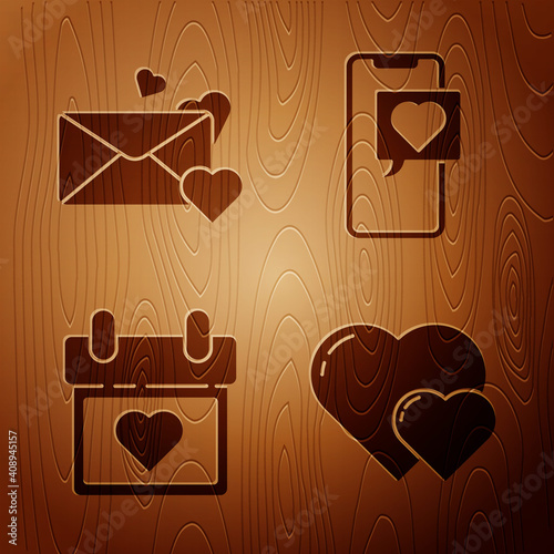 Set Heart, Envelope with heart, Calendar with heart and Smartphone with heart speech bubble on wooden background. Vector.