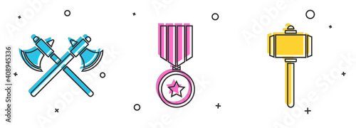 Set Crossed medieval axes, Military reward medal and Battle hammer icon. Vector.