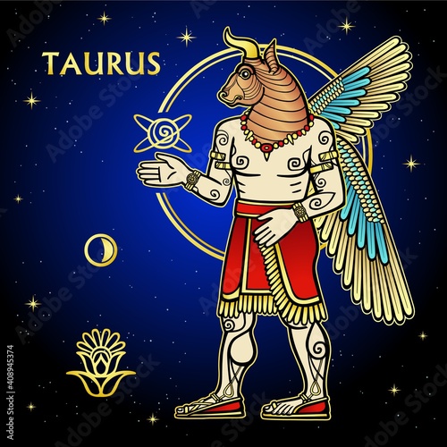 Cartoon color illustration: Zodiac sign Taurus. Character of Sumerian mythology. Full growth. Background - night stars sky. Vector illustration