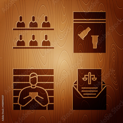 Set Subpoena, Jurors, Suspect criminal and Evidence bag and bullet on wooden background. Vector.