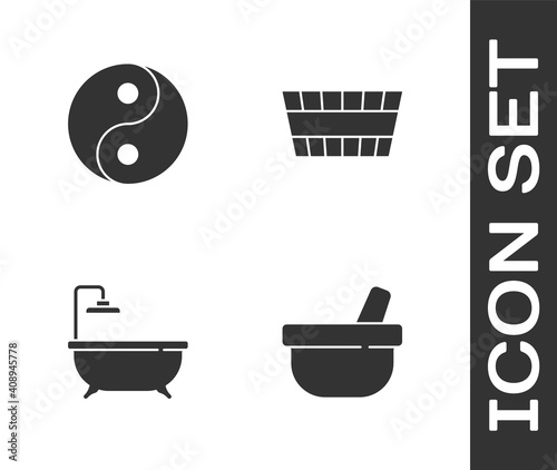 Set Mortar and pestle, Yin Yang, Bathtub and Sauna bucket icon. Vector.