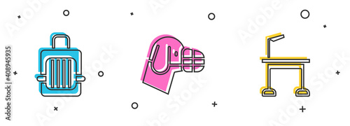 Set Pet carry case, Dog in muzzle and grooming table icon. Vector.