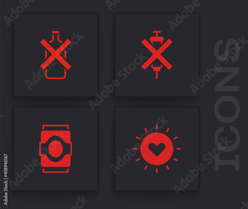 Set Sun, No alcohol, doping syringe and Soda can icon. Vector.