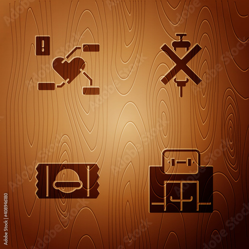 Set Gym building, Attention to health heart, Sports nutrition and No doping syringe on wooden background. Vector.