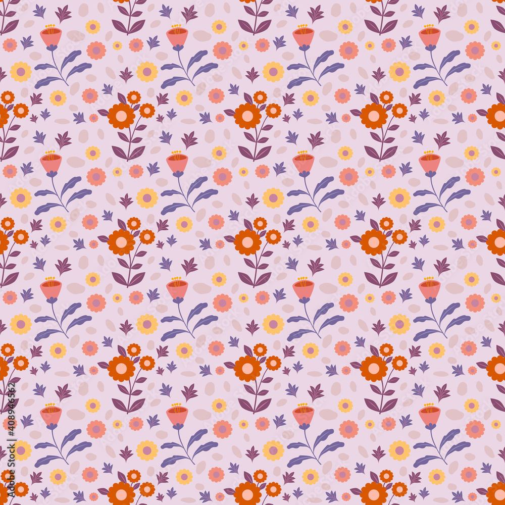 Floral seamless pattern on pastel pink background. Flower repeat wallpaper. Flat design. Botanical illustration. Textile and wrapping print.