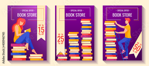 Ser of flyer for book store sale. Woman seating on the books and reading a book. Stacks of books. Man on the ladder taking a book. A4 vector illustration for flyer, poster, banner, advertising.