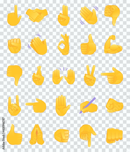 Hand gesture emojis icons collection. Handshake, biceps, applause, thumb, peace, rock on, ok, folder hands gesturing. Set of different emoticon hands isolated on transparent background vector 