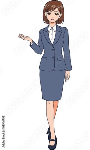 スーツ姿の若い女性会社員がご案内