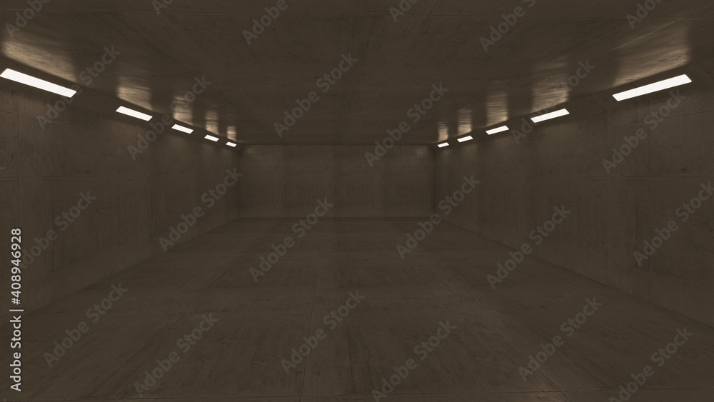  reflective concrete walls with a slight slope on the ceiling and a fluorescent lighted underground warehouse mood 2