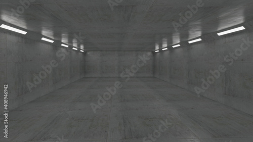 Fototapeta Naklejka Na Ścianę i Meble -   reflective concrete walls with a slight slope on the ceiling and a fluorescent lighted underground warehouse mood 3