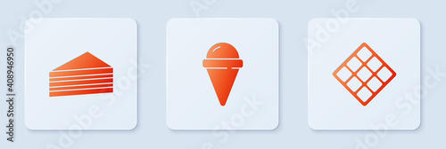 Set Ice cream in waffle cone, Cake and Waffle. White square button. Vector.