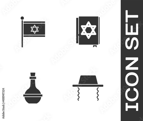 Set Orthodox jewish hat, Flag of Israel, Jewish wine bottle and torah book icon. Vector.