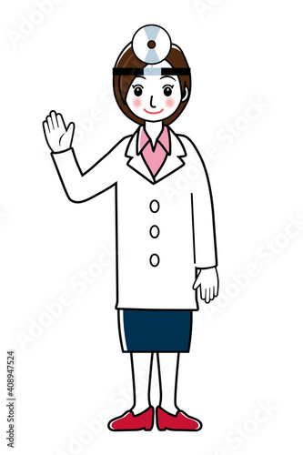 額帯鏡をつけた女性医師女医のシンプル線画イラスト｜耳鼻科医全身　白衣スカート
