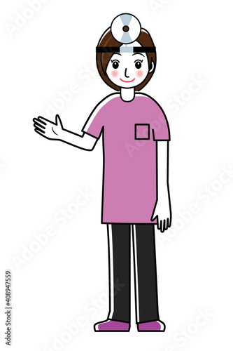 額帯鏡をつけた女性医師女医のシンプル線画イラスト｜耳鼻科医全身　ユニフォーム
