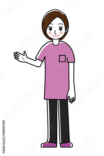案内するユニフォーム姿の医療スタッフ女性医師女医のシンプル線画イラスト｜全身　スラックス
