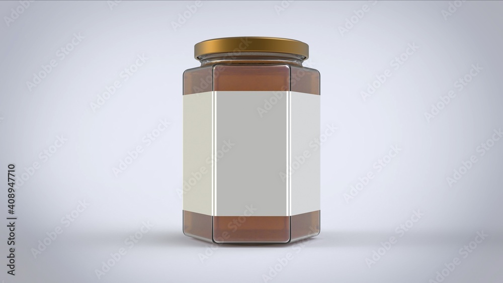 1000 ml honney jar with white rectangle paper label in front plate on white solid background mockup  ready for branding 3d rendering image