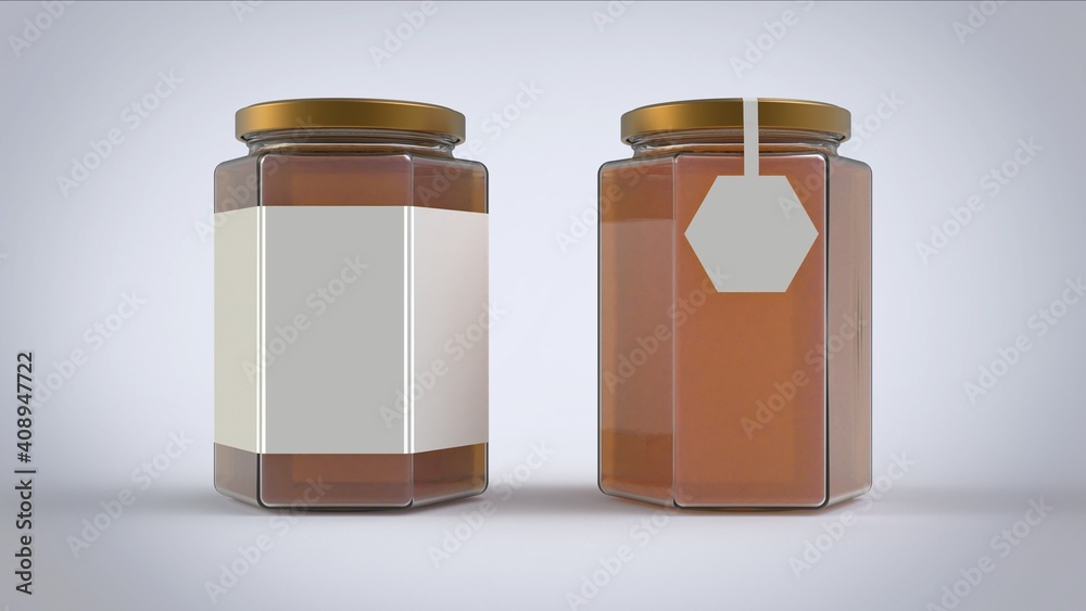 1000 ml honney jars with white rectangle and hexagon paper label in front plate on white solid background mockup collection ready for branding 3d rendering image 1000 ml honney jars with white rectangle and hexagon paper label in front plate on white solid background mockup collection ready for branding 3d rendering image