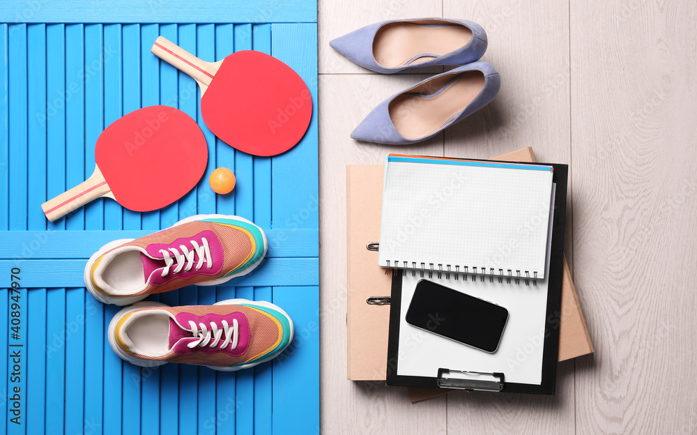 Flat lay composition with business supplies and sport equipment on color background. Concept of balance between work and life Flat lay composition with business supplies and sport equipment on color background. Concept of balance between work and life