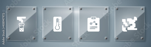 Set Gaseous, Chemistry report, Medical thermometer and Test tube and flask. Square glass panels. Vector.