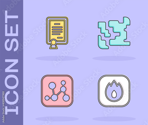 Set Fire flame, Certificate template, Chemical formula and Gaseous icon. Vector.