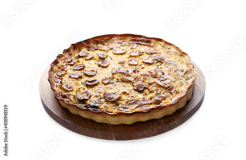 Delicious homemade mushroom pie on white background