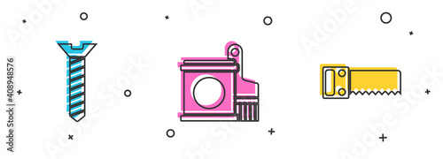 Set Metallic screw, Paint bucket and brush and Hand saw icon. Vector.