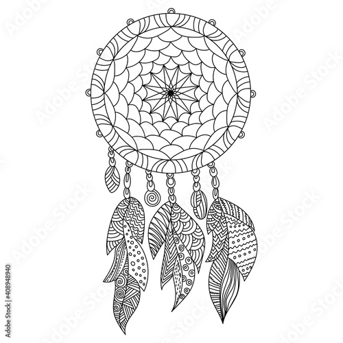 Zen dreamcatcher coloring page, intertwined threads on frame, light feathers with meditative patterns