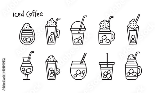 Iced coffee big doodle set isolated on white background. Hand-drawn minimalist line art icons with different types of coffee glasses. Vector design elements for logo, sticker, web banner, or menu.