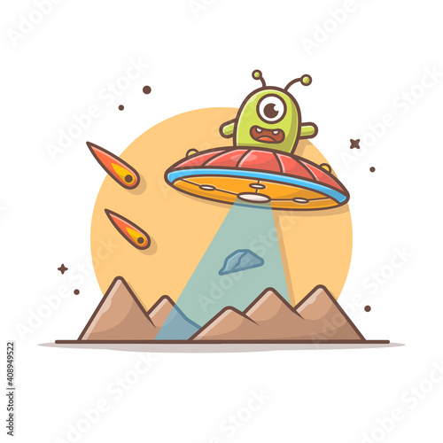 Cute Alien Flying on Planet with UFO and Meteorite Space Cartoon Vector Icon Illustration. Science Technology Icon Concept Isolated Premium Vector. Flat Cartoon Style