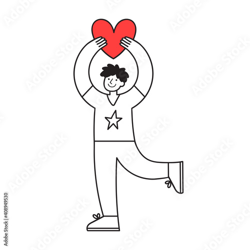 Doodle style man holding big heart symbol in hands. Hand-drawn illustration with cartoon character for valentine's day, love emotion concept. Isolated vector line art for social media, card, banner.