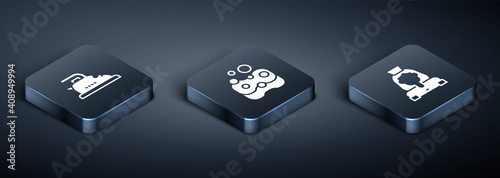 Set Isometric Electric iron, Cleaning lady service and Sponge icon. Vector.