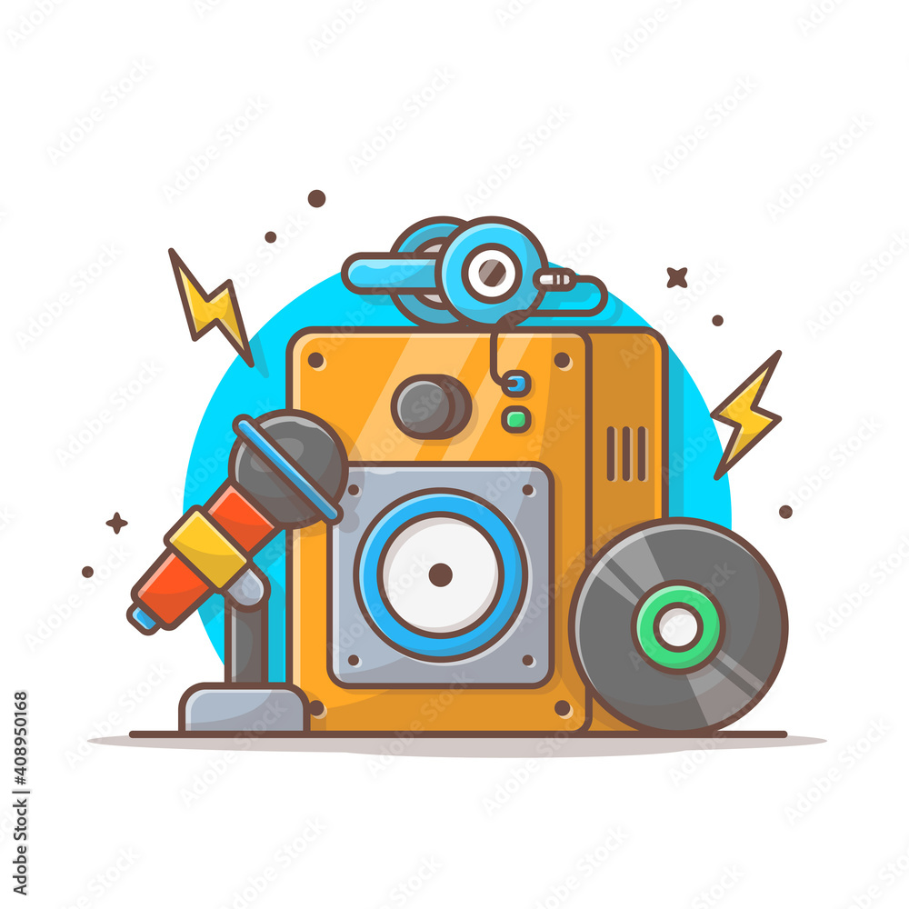 Music Concert Performance with Microphone, Vinyl and Headphone Cartoon Vector Icon Illustration. Technology Music Icon Concept Isolated Premium Vector. Flat Cartoon Style