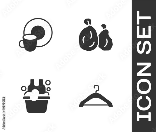 Set Hanger wardrobe, Washing dishes, Basin with soap suds and Garbage bag icon. Vector.