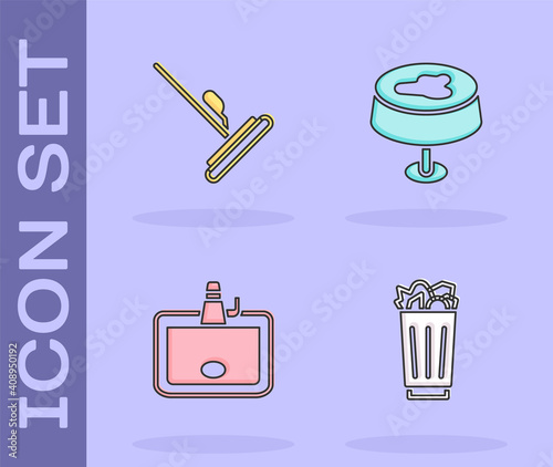 Set Full trash can, Mop, Washbasin and Stain on the tablecloth icon. Vector.