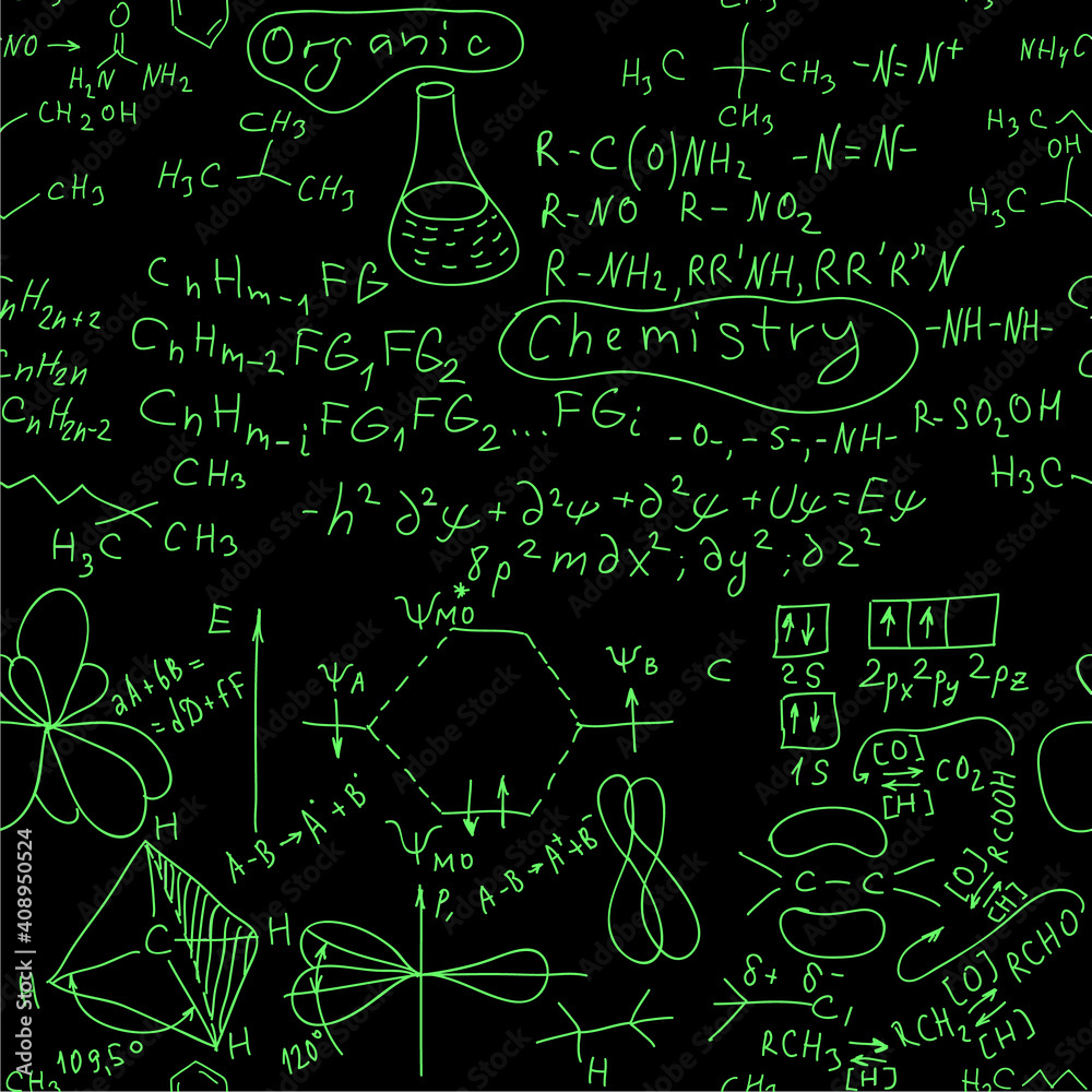 Seamless Organic chemistry formulas hand written green glow background on a blackboard vector illustration. All formulas are correct.