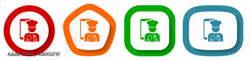 Mobile phone, online restaurant, chef vector icon set, flat design buttons on white background for webdesign and mobile phone applications