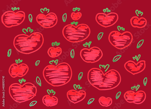 red funny heart-shaped tomatoes with green leaves, freehand abstract background with live materials