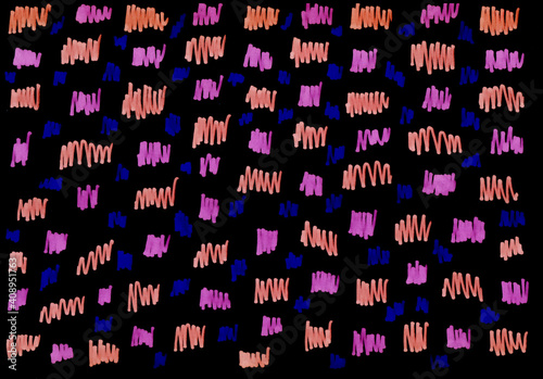 freehand abstract background with live materials, bright purple circles with markers on a black background