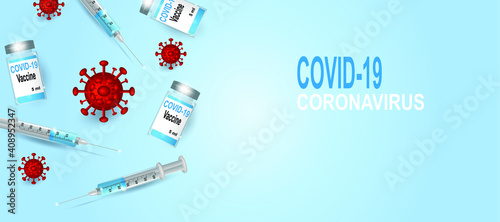 Coronavirus vaccine vector 3d background. Covid-19 corona virus vaccination with vaccine bottle and syringe injection tool for covid19 immunization treatment. Vector illustration.