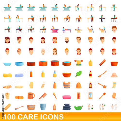 100 care icons set. Cartoon illustration of 100 care icons vector set isolated on white background