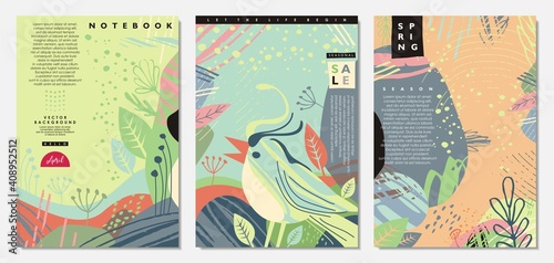 Spring banners and notebook covers designs. Kids illustration with singing bird and beautiful green landscapes. Vector cards, invitations and covers collection.