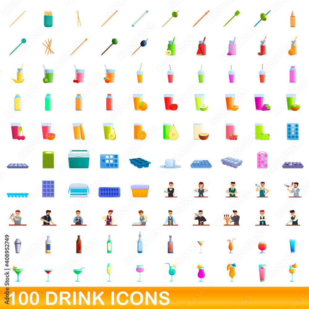 100 drink icons set. Cartoon illustration of 100 drink icons vector set isolated on white background 100 drink icons set. Cartoon illustration of 100 drink icons vector set isolated on white background