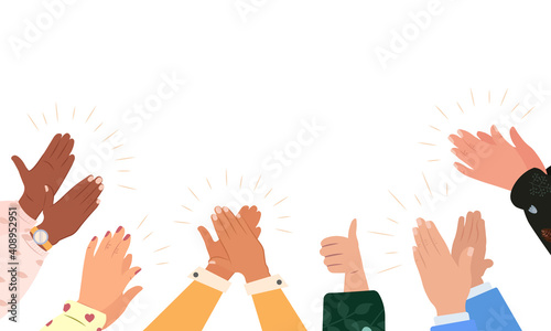 Diverse people applauding vector illustration. Colorful men and women clapping hands isolated on white background. Multinational audience demonstrate greeting, ovation or cheering gesture, support.