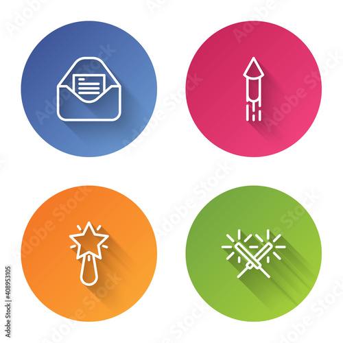 Set line Christmas party invitation card, Firework rocket, star and Sparkler firework. Color circle button. Vector.