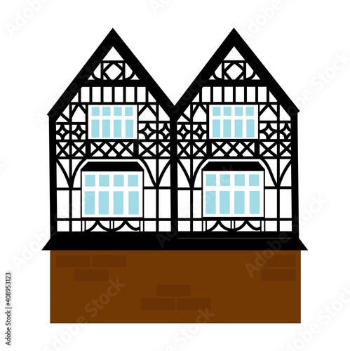 Old german house with wooden beams. colored half timbered building. Flat facades of european framing houses, cottages