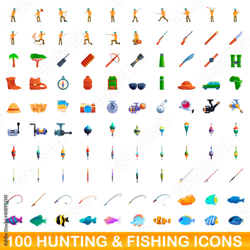 100 hunting and fishing icons set. Cartoon illustration of 100 hunting and fishing icons vector set isolated on white background