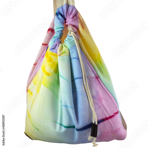Tie dyed bags. Multi use convertable Turkish towel gym bag. Shibori pattern on fouta. Watercolor painted beach towel isolated on white background.