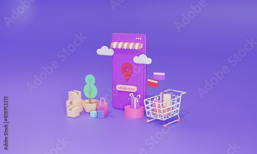 3D rendering flat illustration Online shopping store on mobile application of smartphone. Premium Photo